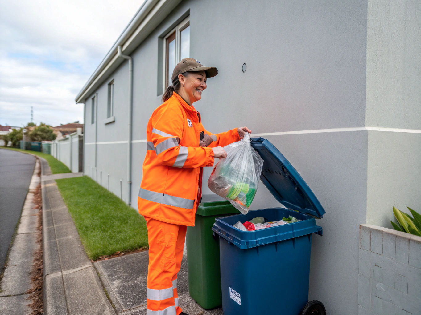 Uniformed technician distributing clean collection containers to condominium doors