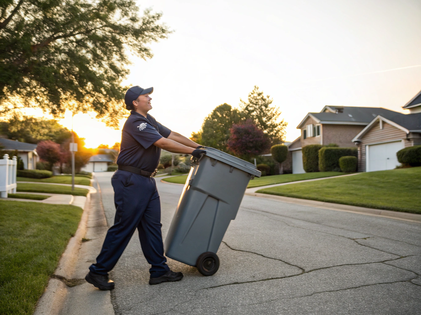 Uniformed waste management technician servicing standardized doorstep bins at an upscale condominium breezeway in the evening