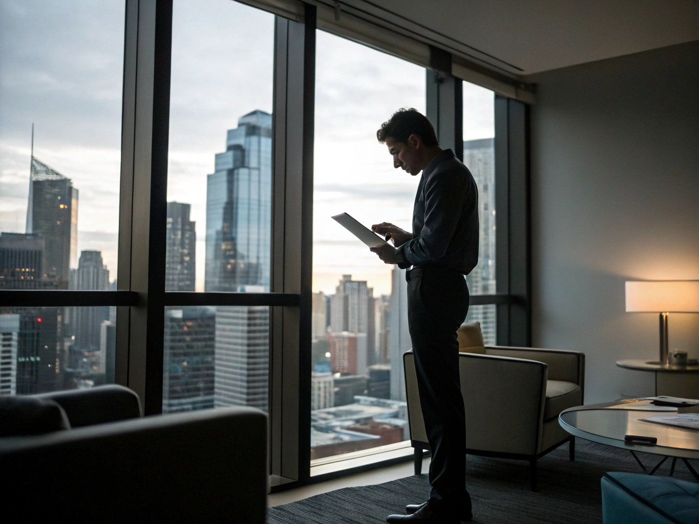 Property manager reviewing digital service reports and compliance logs on tablet