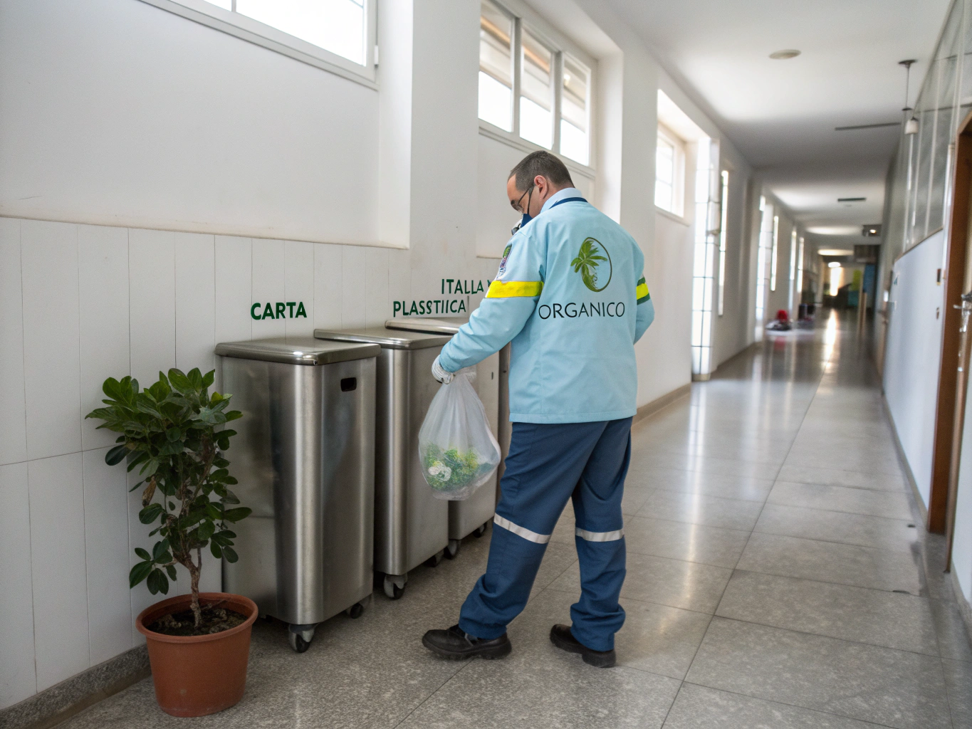 Uniformed waste runner performing doorstep pickup in multi-family corridor